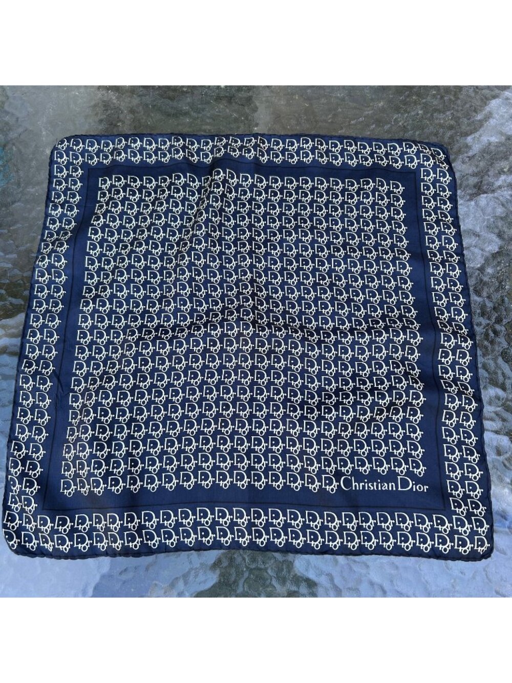 Vintage Christian Dior Trotter Monogram Silk Scarf Navy Blue Cream